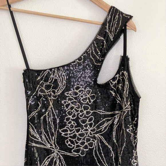 Patrizia Pepe Sequin One Shoulder Cutout Mini Sheath Dress Black Gold IT 42 US 6 - Picture 3 of 15